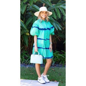 WKND WYFR Frock It Dress Mini Drop Waist Puff Sleeve Preppy Tie Dye Green Blue S